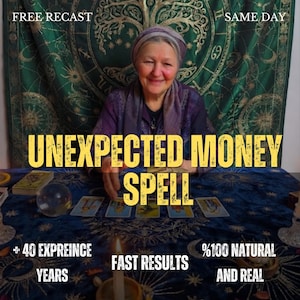 May include: A person wearing a purple headscarf and top sits behind a blue tablecloth with tarot cards, a crystal ball, and a lit candle. Text reads: FREE RECAST, SAME DAY, UNEXPECTED MONEY SPELL, + 40 EXPREINCE YEARS, FAST RESULTS, %100 NATURAL AND REAL.