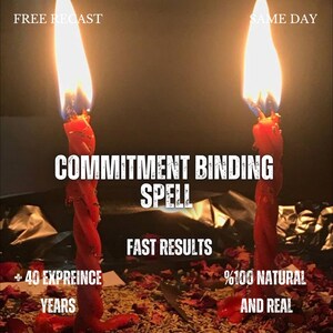 Op de afbeelding: Twee rode gedraaide kaarsen met brandende vlammen, omringd door verspreide gedroogde bloemblaadjes. De tekstoverlays luiden: FREE RECAST, SAME DAY, COMMITMENT BINDING SPELL, FAST RESULTS, + 40 EXPREINCE YEARS en %100 NATURAL AND REAL.
