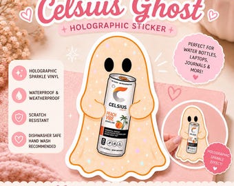Cute Ghost Holding Celsius Sticker | Holographic Peach Vibe Energy Drink Ghost | Waterproof Vinyl Laptop Sticker | Water Bottle Decal | Cute