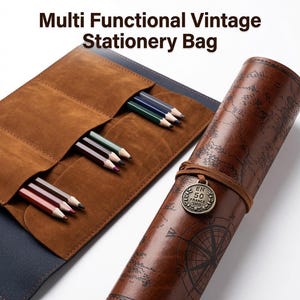 Vintage leren oprolbare etui - Antieke kaart pennenetui, multifunctionele etui voor kunstenaars, cadeau voor schrijvers