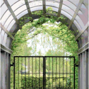 May include: A black metal gate with vertical bars, leading to a lush green garden with trees and bushes. The gate is framed by a white pergola with a clear roof.