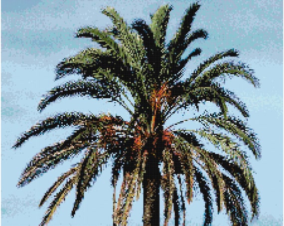 Palm Tree Blue Skies Tropical Landscape Counted Cross Stitch Pattern Chart PDF Download by Stitching Addiction