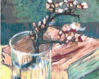 Vincent Van Gogh Almond Blossom Branch and Book Counted Cross Stitch Pattern Chart PDF Download by Stitching Addiction