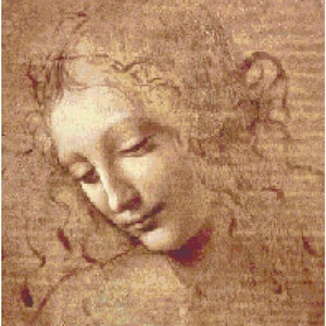 May include: A sepia-toned drawing of a woman's face, with her eyes closed and her head tilted down. The drawing is done in a realistic style, with fine details in the hair and facial features.