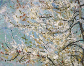 Vincent Van Gogh Flowering Pink Peach Tree Detail Counted Cross Stitch Pattern Chart PDF Download by Stitching Addiction