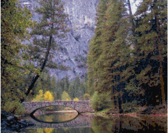 Mountain Bridge Reflections Landscape Counted Cross Stitch Pattern Chart PDF Download by Stitching Addiction