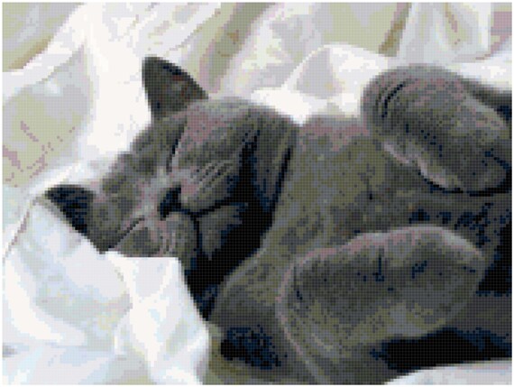 Gray Cat Sleeping Counted Cross Stitch Pattern Chart PDF Download by Stitching Addiction