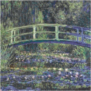 May include: A painting of a green bridge over a pond with water lilies. The bridge is made of wood and has a blue railing. The water is a light blue color and there are many water lilies in the pond. The background is a green forest.