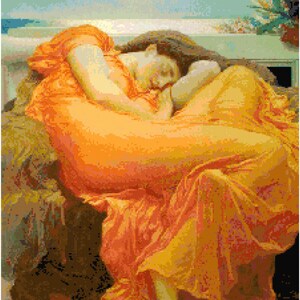 May include: A painting of a woman sleeping in a flowing orange robe. The woman is lying on her side with her head resting on her arm. The background is a soft, muted blue.