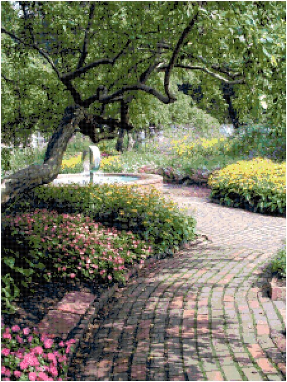 Garden Path Fountain Landscape Counted Cross Stitch Pattern Chart PDF Download by Stitching Addiction