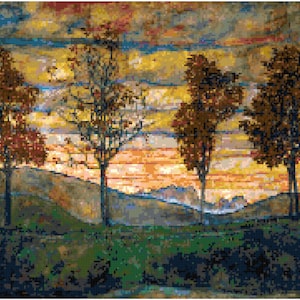 Egon Schiele Four Trees Counted Cross Stitch Pattern Chart PDF Download by Stitching Addiction