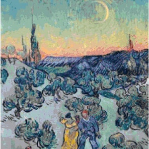 May include: A painting depicting a landscape with a crescent moon in the sky. Two figures are walking in the foreground, surrounded by trees. The painting is in a style reminiscent of Vincent van Gogh.