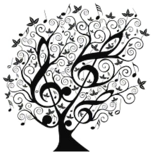 May include: Black and white illustration of a tree with musical notes and leaves forming the branches. The tree trunk is shaped like a treble clef.