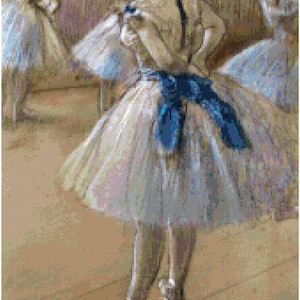 May include: A painting of three ballerinas in a dance studio. The ballerina in the foreground is wearing a white tutu with a blue sash and is looking down at her feet. The other two ballerinas are in the background and are wearing similar tutus.