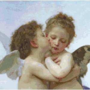 Pode incluir: Uma pintura de dois querubins, um com asas, se beijando. O querubim com asas está segurando um pequeno pássaro.