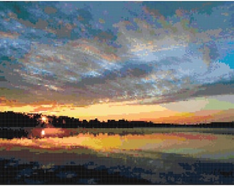 Sunrise over a Lake Sunset Landscape Counted Cross Stitch Pattern Chart PDF Download by Stitching Addiction