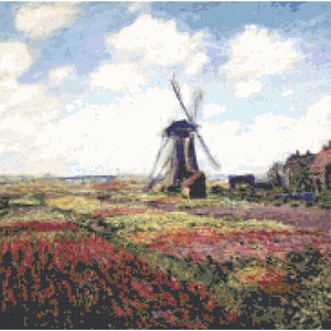 Schema punto croce contato dei campi di mulini a vento e tulipani di Claude Monet Scarica PDF da Stitching Addiction
