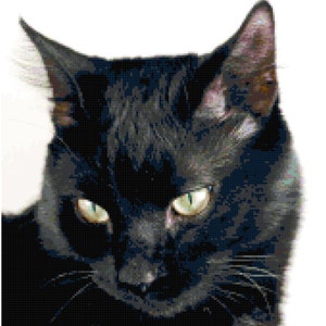 下を向いた黒猫のクロスステッチパターンチャート PDF ダウンロード (Stitching Addiction 提供)