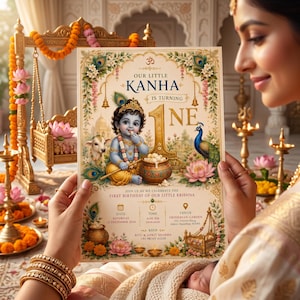 May include: A rectangular birthday invitation card featuring an illustration of baby Krishna, a peacock, a calf, and a large number one. The text reads: Our Little Kanha Is Turning One, Join Us As We Celebrate The First Birthday Of Our Little Krishna.
