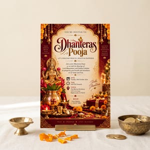 Peut inclure: Une carte d'invitation verticale pour une Dhanteras Pooja avec une illustration dorée de la déesse Lakshmi, un pot en laiton avec une swastika et des fleurs de souci. Le texte inclut les détails de l'événement, la date, l'heure et le lieu.
