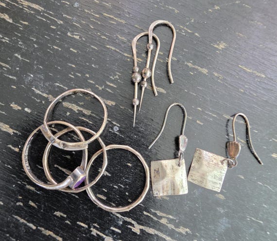 Vintage Sterling Silver Rings & Earrings Lot | Amethyst, Opalite, Hammered Designs