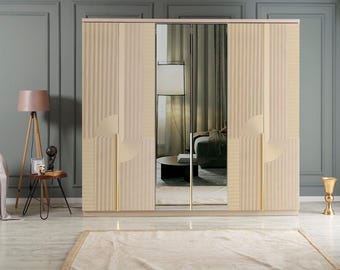 Armario grande de madera de 6 puertas con espejo, 240 cm, color nogal beige suave, armario contemporáneo para guardar ropa de dormitorio.