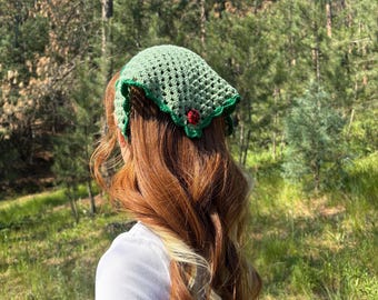 Handmade Crochet Headscarf with Custom Applique | Cottagecore Cotton Kerchief Accessory