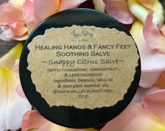 Healing Hands & Fancy Feet Soothing Salve - Snappy Citrus in 2 oz clear glass jar