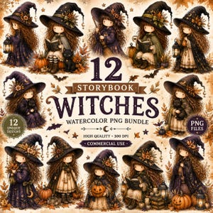 May include: A digital collection of 12 watercolor illustrations featuring young witches in pointed hats, capes, and autumn attire, accompanied by pumpkins, lanterns, and black cats. The text reads 12 STORYBOOK WITCHES WATERCOLOR PNG BUNDLE.