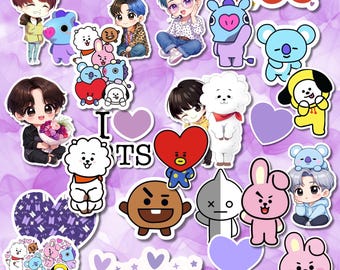 May include: A collection of vinyl stickers featuring chibi-style characters and colorful cartoon creatures including a white alpaca, a red heart, a blue koala, and a pink rabbit. The set includes text reading I LOVE BTS and various purple hearts.