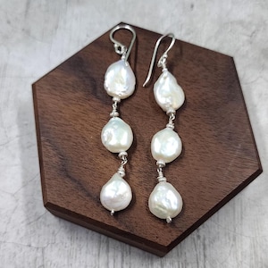 Triple Drop Dangle Keshi Freshwater Pearl Earrings