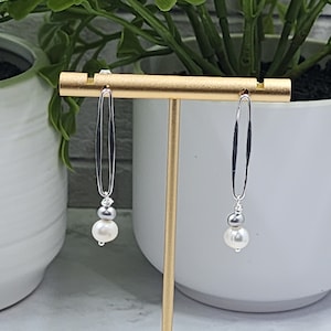 Sterling Silver Elongated Oval Freshwater Silver and White Pearl Earrings
