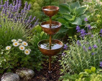 Bronze Three-Tier Bird Bath Stake, Garden Water Feeder, Metal Rain Catcher, Outdoor Ornament