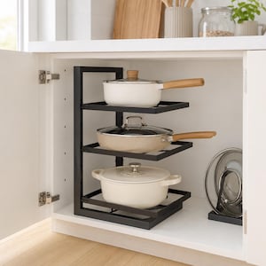Adjustable Carbon Steel Pot Rack, Tiered Cookware Organizer Stand, Kitchen Storage Shelf
