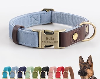 Personalized Dog Collar with Engraved Metal Buckle | Custom Microfiber Leather Pet Collar with Name & Phone Number | Dog ID Tag S M L