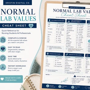 May include: A white clipboard holds a printed Normal Lab Values Cheat Sheet with dark blue headers and text. The document features tables for CBC, CMP, electrolytes, coagulation studies, and drug levels, alongside a black pen and a circular badge.