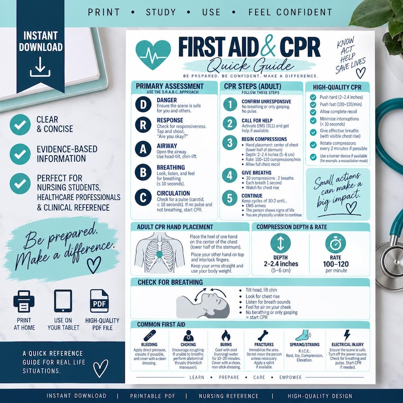 First Aid &amp; CPR Quick Reference Guide | Nursing Student Study Sheet (PDF) - Etsy UK