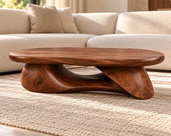 Sculptural Walnut Coffee Table | Curved Wood Base | Organic Modern Solid Wood Center Table | Luxury Living Room Furniture