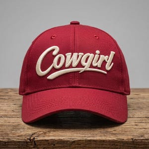 May include: A deep red baseball cap featuring the word Cowgirl embroidered in raised, cream-colored script lettering across the front panels. The cap has a structured crown, a curved brim, and matching red stitching throughout the fabric design.
