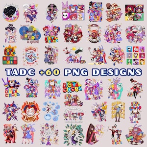 以下が含まれることがあります： The Amazing Digital Circusのキャラクターを描いた60種類以上のデジタルグラフィックデザイン集。アニメーションキャラクターのカラフルなイラスト、道化師のモチーフ、および「TADC +60 PNG DESIGNS」と書かれたテキストロゴが含まれています。