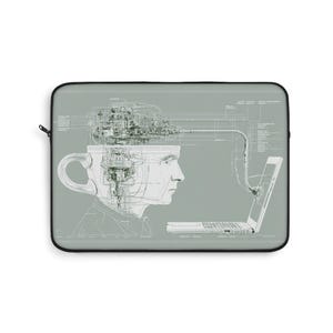 Puede incluir: Una funda rectangular para portátil en color verde salvia con una ilustración de líneas blancas de una cabeza humana con forma de taza de café. La cabeza contiene engranajes mecánicos complejos conectados por un tubo a un portátil abierto.