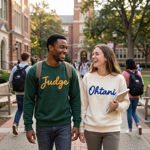 Puede incluir: Una sudadera de cuello redondo verde oscuro con la palabra Judge en letras cursivas amarillas y una sudadera de cuello redondo color crema con la palabra Ohtani en letras cursivas azules, ambas con mangas largas y puños acanalados.