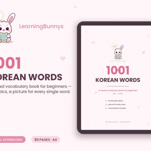 May include: A digital download of a 1001 Korean Words visual vocabulary book for beginners. The cover features a cartoon rabbit holding a book, the text LearningBunnys, 1001 Korean Words, and a list of features including 32 topics and pictures.