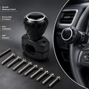 May include: A black steering wheel spinner knob with a silver trim ring, featuring a textured grip and a mounting base. Included are an L-shaped hex key and eight silver metal bolts. Text labels include Smooth Steering Control, Secure Grip & Comfort, Easy Installation, and 360° Rotation.