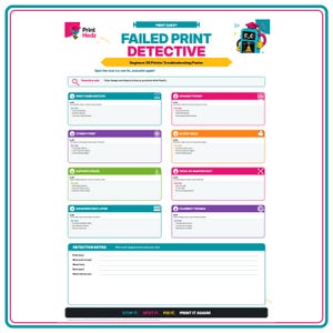 May include: A white educational poster titled Failed Print Detective for 3D printer troubleshooting. It features eight numbered sections with colorful borders, each listing a common print issue, clues, and tips, plus a Detective Notes section at the bottom.