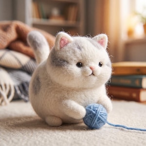 Può includere: Una statuetta di gatto in lana infeltrita con pelo bianco e grigio, orecchie rosa all'interno e un piccolo naso rosa. Il gatto ha un corpo rotondo, una coda alzata e tiene una piccola gomitolo di lana blu tra le zampe anteriori.