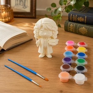 May include: A white unpainted figurine of a character with wavy hair wearing a robe, holding a wand and a stack of books. The set includes two blue paintbrushes and a strip of twelve small plastic pots containing various colors of acrylic paint.