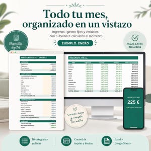 Puede incluir: Una plantilla de presupuesto digital mostrada en un monitor de computadora y una pantalla de teléfono inteligente. La interfaz presenta tablas para ingresos mensuales, gastos fijos y variables, y un resumen anual con texto en español.