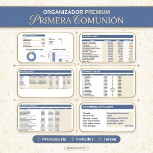 Puede incluir: Un organizador digital titulado Organizador Premium Primera Comunión que incluye seis secciones: Panel de Control, Presupuesto, Proveedores, Invitados y Mesas, Agenda y Cronograma y Ceremonia Religiosa, con tablas y gráficos detallados.