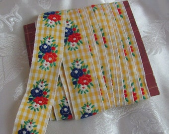 Yellow White Gingham Floral Woven Embroidered Jacquard Fabric Ribbon Passementerie 20mm 3/4" Wide - 3 Yards - Original Vintage